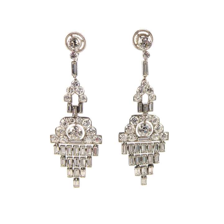 Pair of Art Deco diamond pendant earrings with baguette diamond fringe